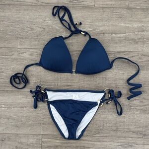 Navy Triangle String Bikini with Gold Ring Accents